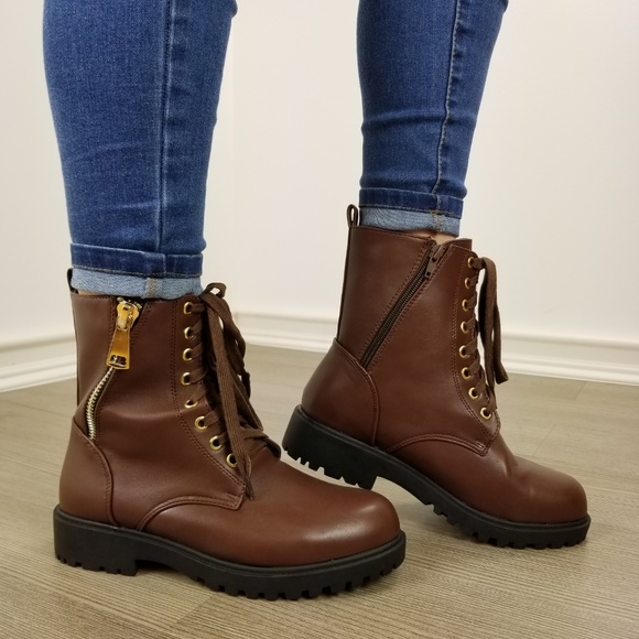 Faux leather brown laced up combat boots - Picture 2 of 8